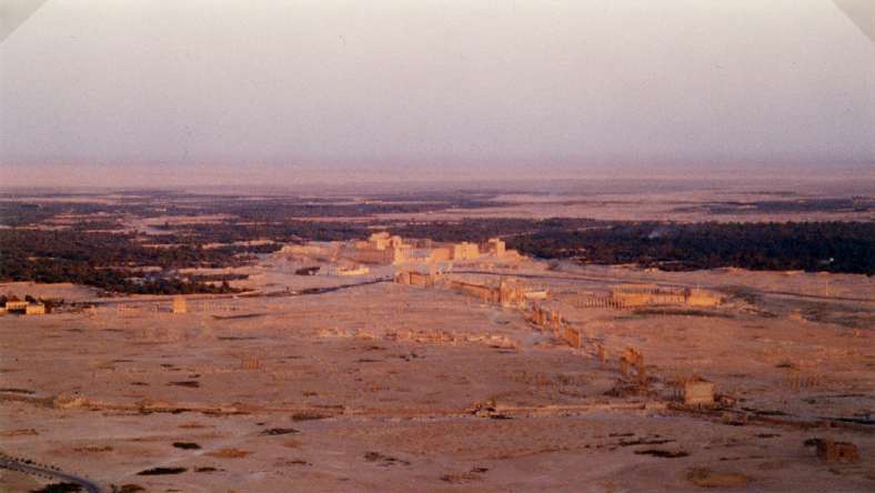 On voit tout au fond le temple de Bel et perpendiculairement la grande colonnade - à gauche le temple de Baâlshamin