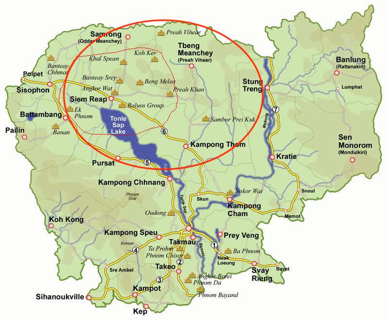 situation des temples d'Angkor sur la carte du Cambodge